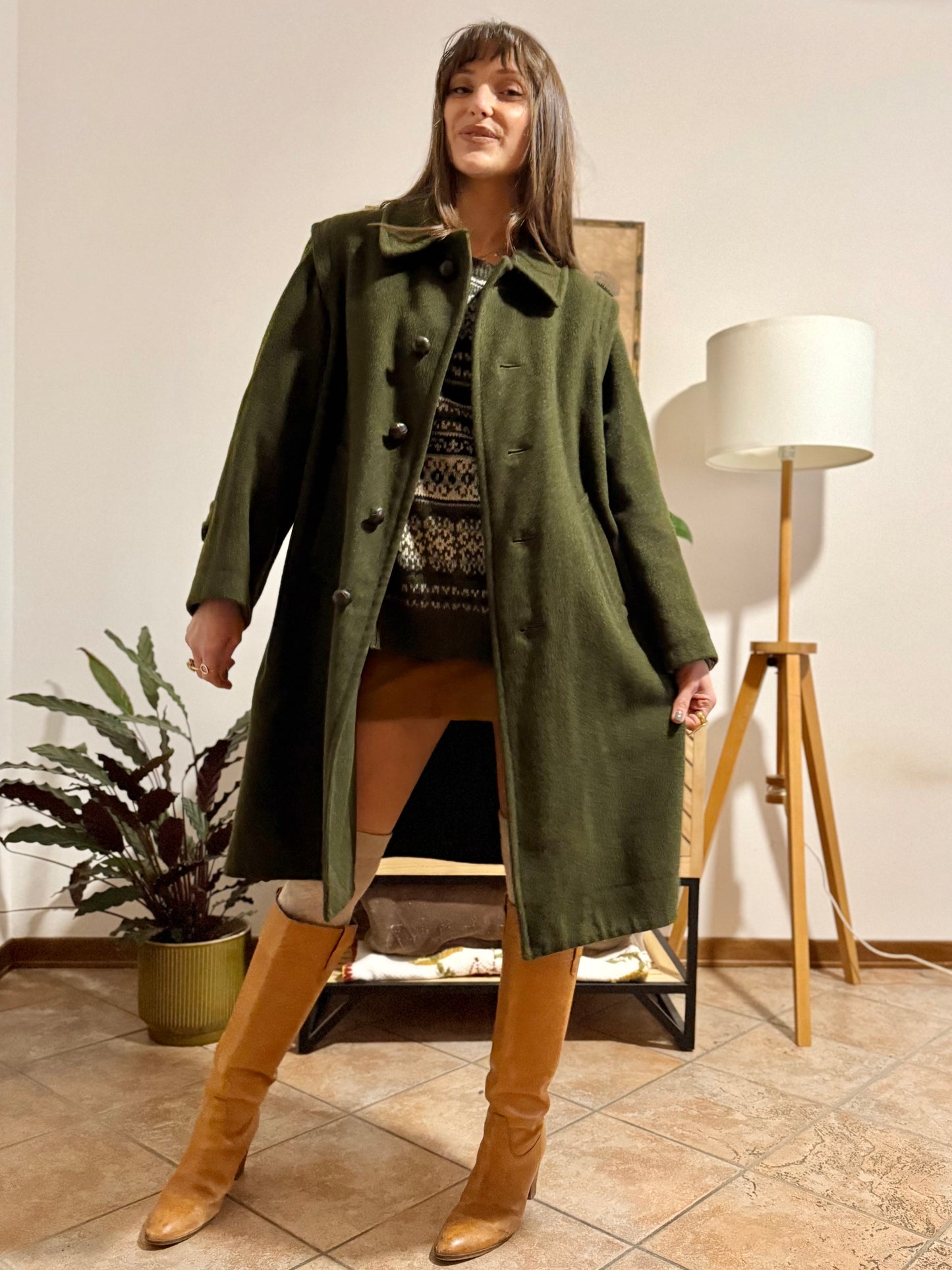 1960's vintage military green wool structured wool coat with leather buttons