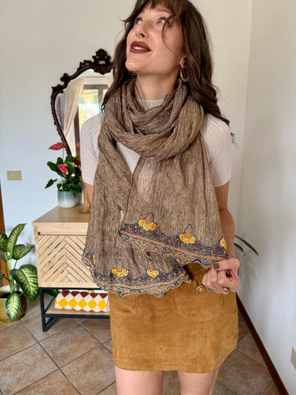 1970's vintage semi sheer gold Shawl with yellow and blue glass beading detail