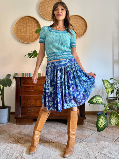 1970's vintage multi tonal blue and purple tie dye floral print skirt