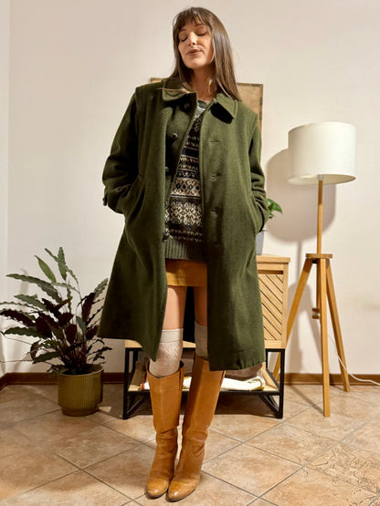 1960's vintage military green wool structured wool coat with leather buttons