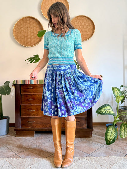 1970's vintage multi tonal blue and purple tie dye floral print skirt