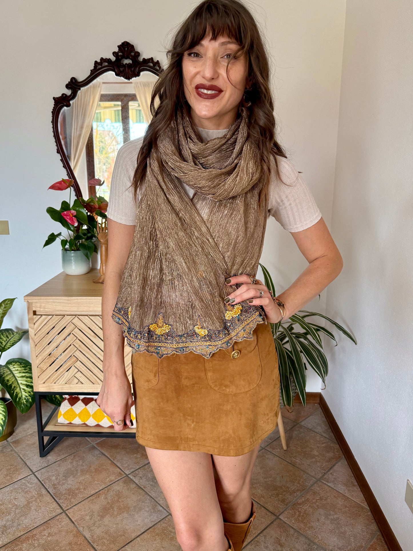 1970's vintage semi sheer gold Shawl with yellow and blue glass beading detail