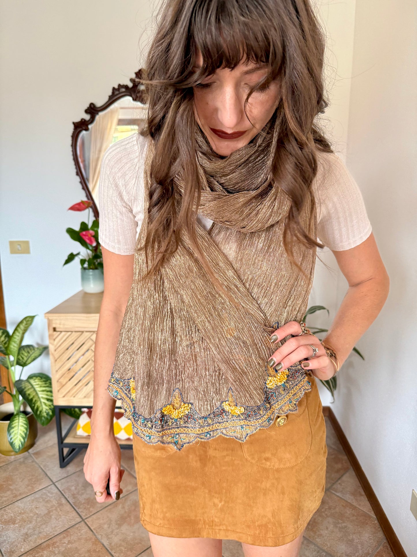 1970's vintage semi sheer gold Shawl with yellow and blue glass beading detail
