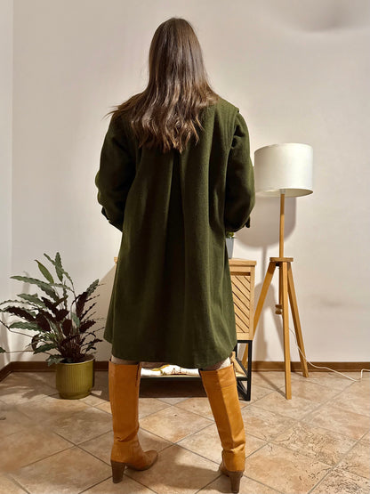 1960's vintage military green wool structured wool coat with leather buttons