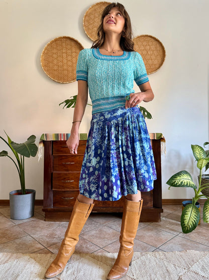 1970's vintage multi tonal blue and purple tie dye floral print skirt