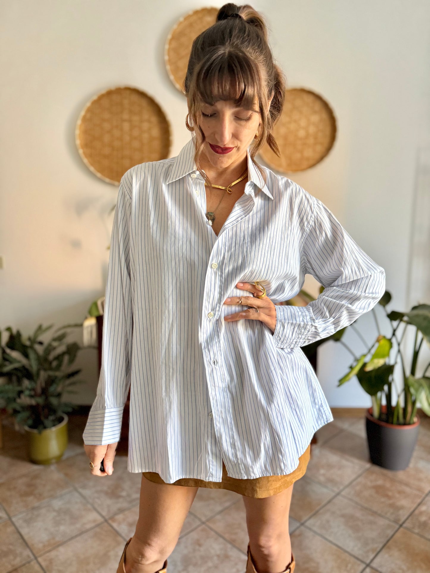 1970's vintage oversize white and light blue vertical strip shirt