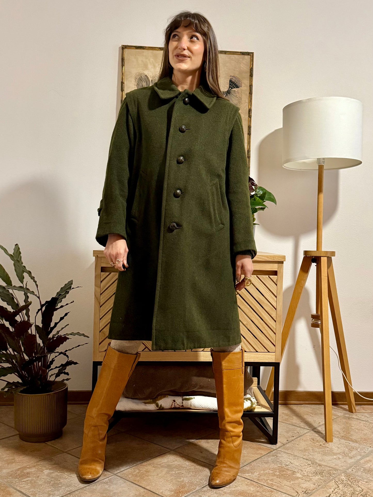 1960's vintage military green wool structured wool coat with leather buttons