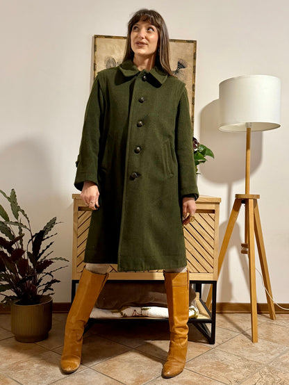1960's vintage military green wool structured wool coat with leather buttons
