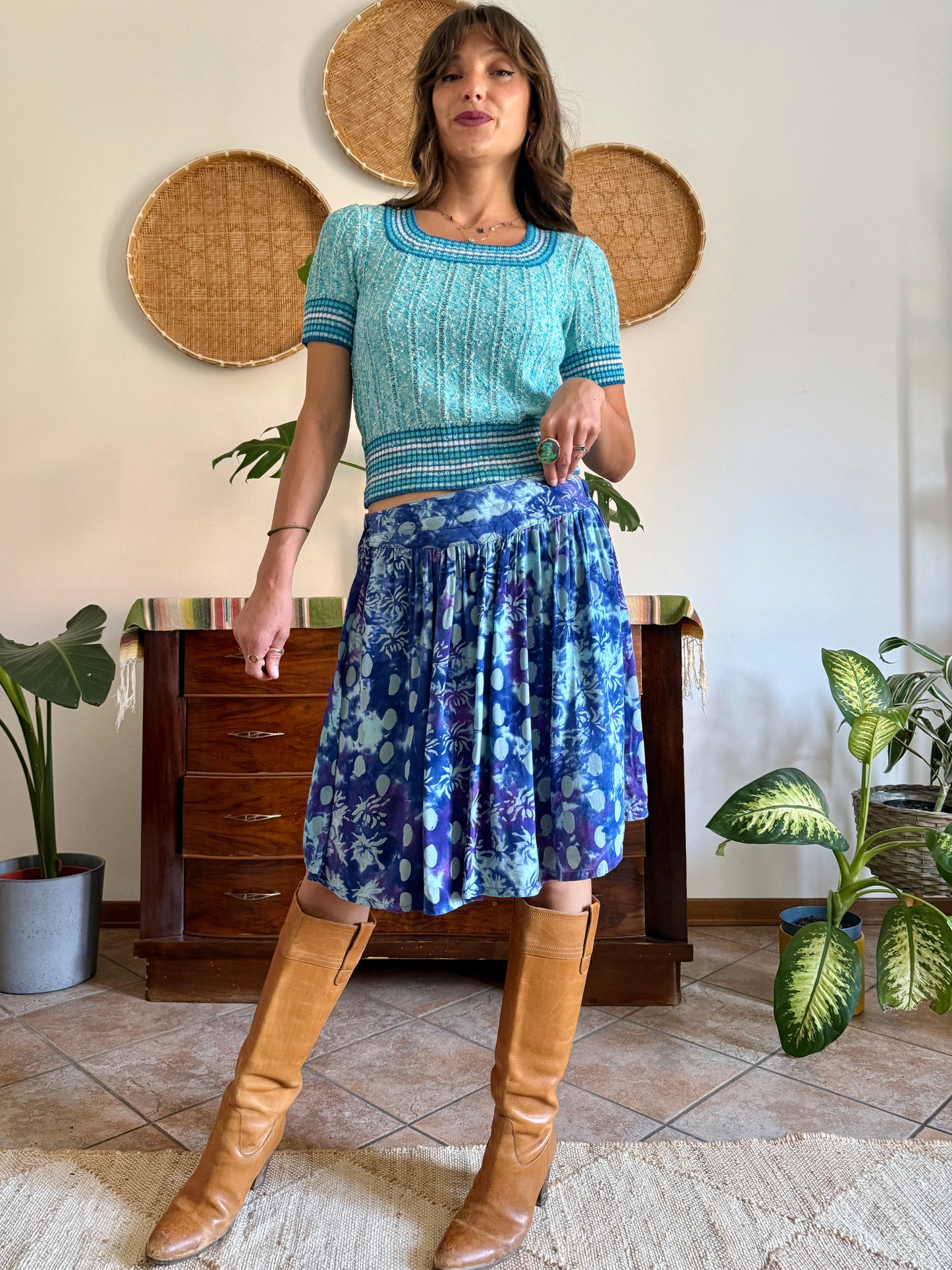 1970's vintage multi tonal blue and purple tie dye floral print skirt