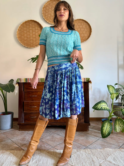 1970's vintage multi tonal blue and purple tie dye floral print skirt