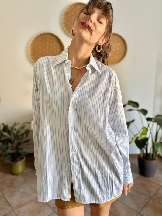 1970's vintage oversize white and light blue vertical strip shirt