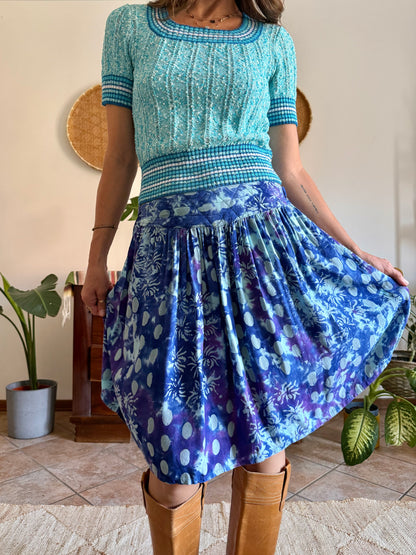 1970's vintage multi tonal blue and purple tie dye floral print skirt