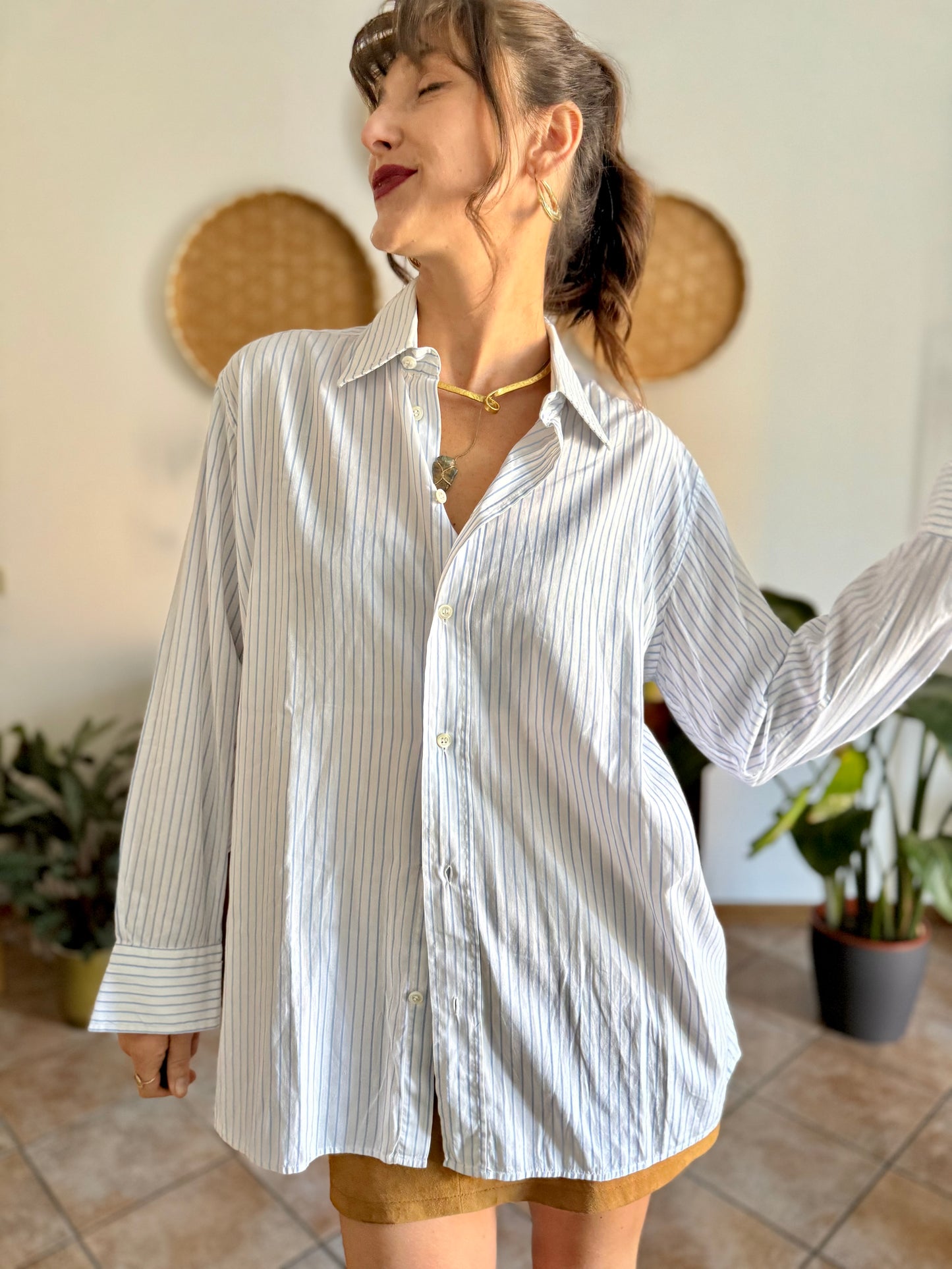 1970's vintage oversize white and light blue vertical strip shirt
