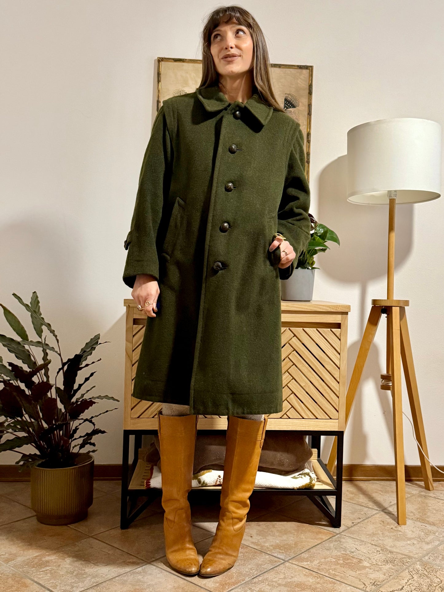 1960's vintage military green wool structured wool coat with leather buttons
