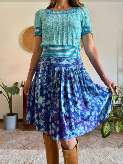1970's vintage multi tonal blue and purple tie dye floral print skirt