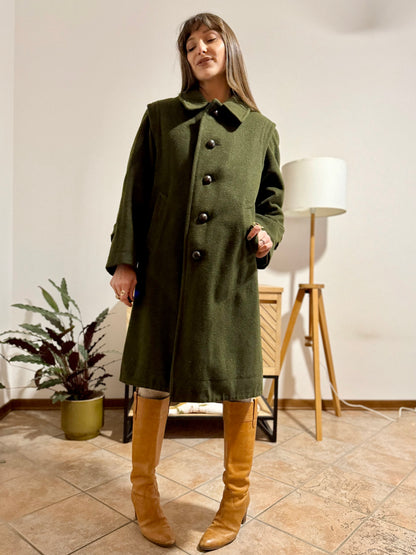 1960's vintage military green wool structured wool coat with leather buttons