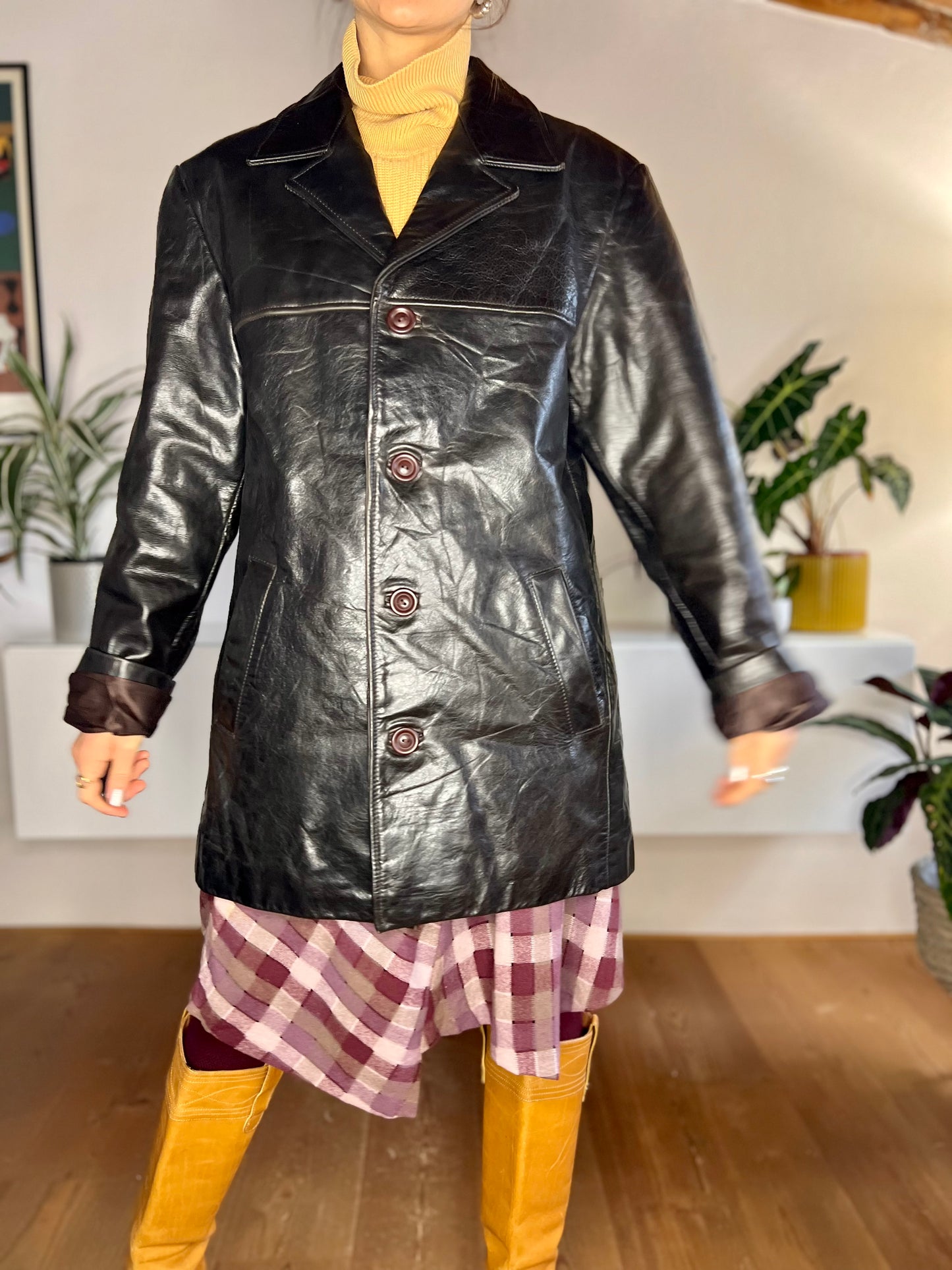 1970's vintage chocolate brown leather coat