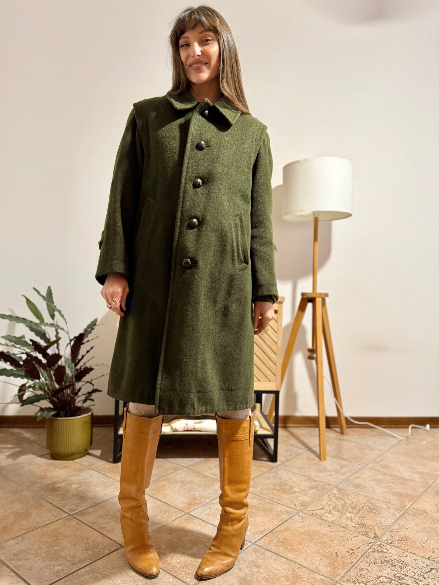 1960's vintage military green wool structured wool coat with leather buttons