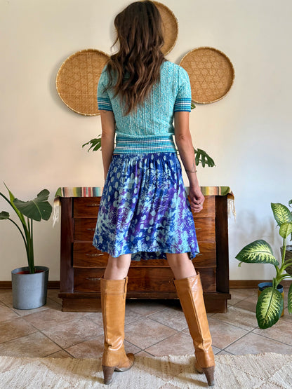 1970's vintage multi tonal blue and purple tie dye floral print skirt