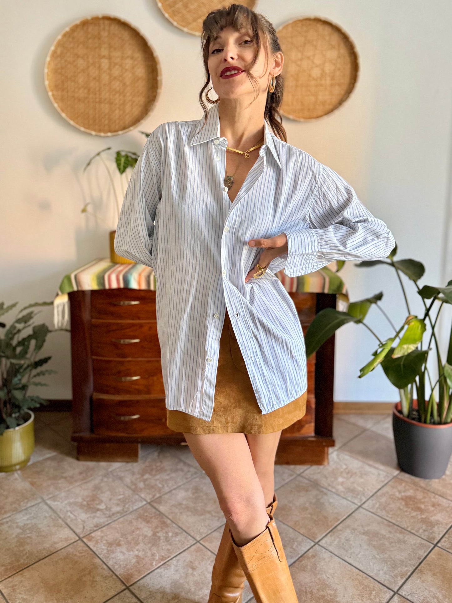 1970's vintage oversize white and light blue vertical strip shirt