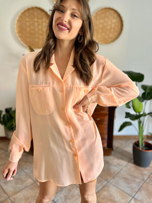 1980's vintage sheer silk blend oversize coral blouse