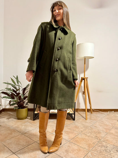 1960's vintage military green wool structured wool coat with leather buttons