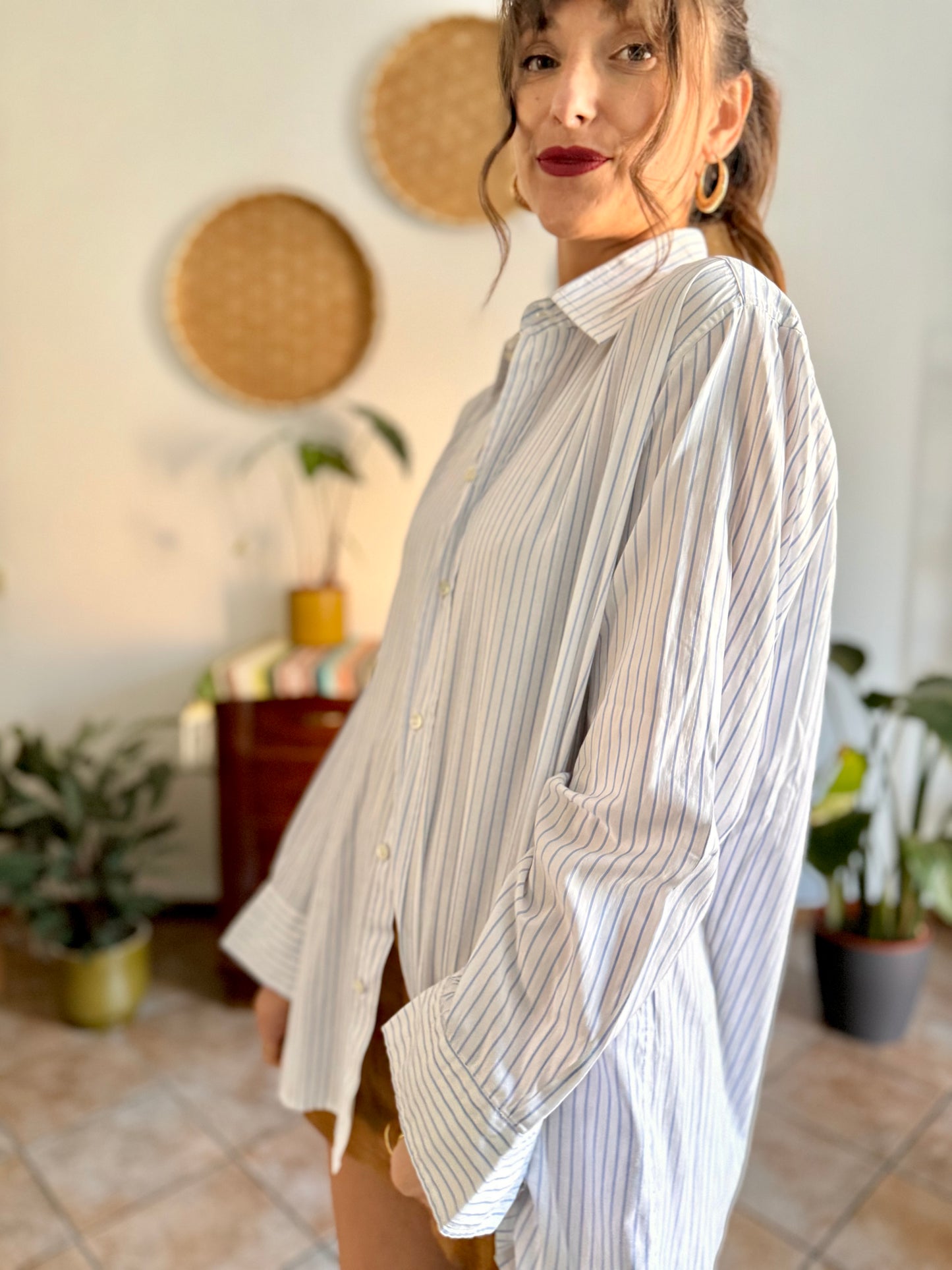 1970's vintage oversize white and light blue vertical strip shirt