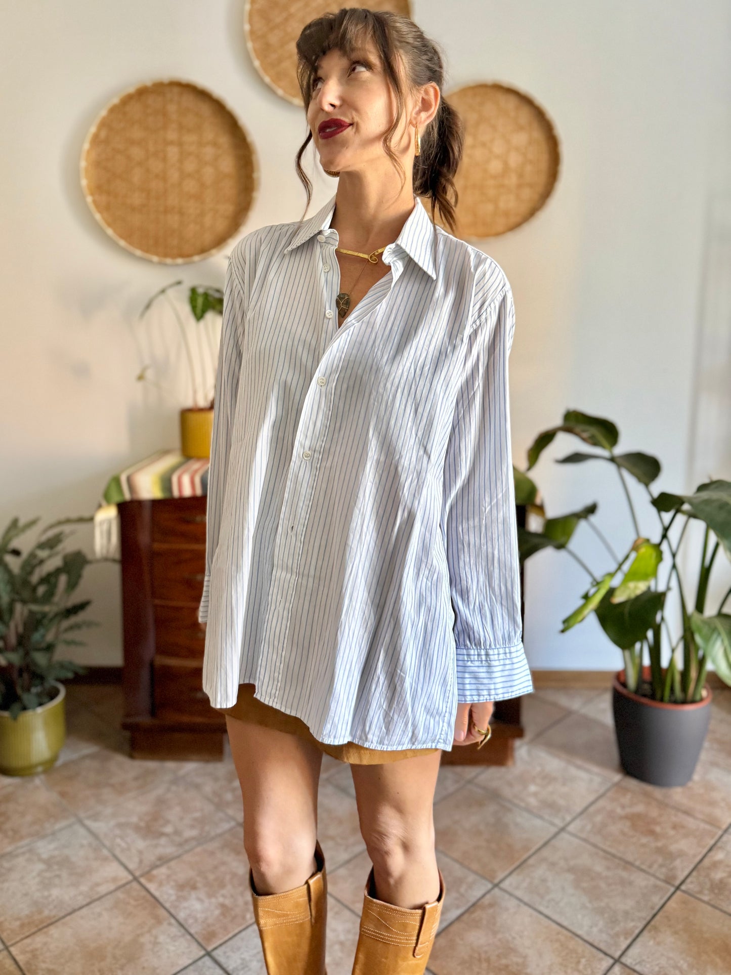 1970's vintage oversize white and light blue vertical strip shirt