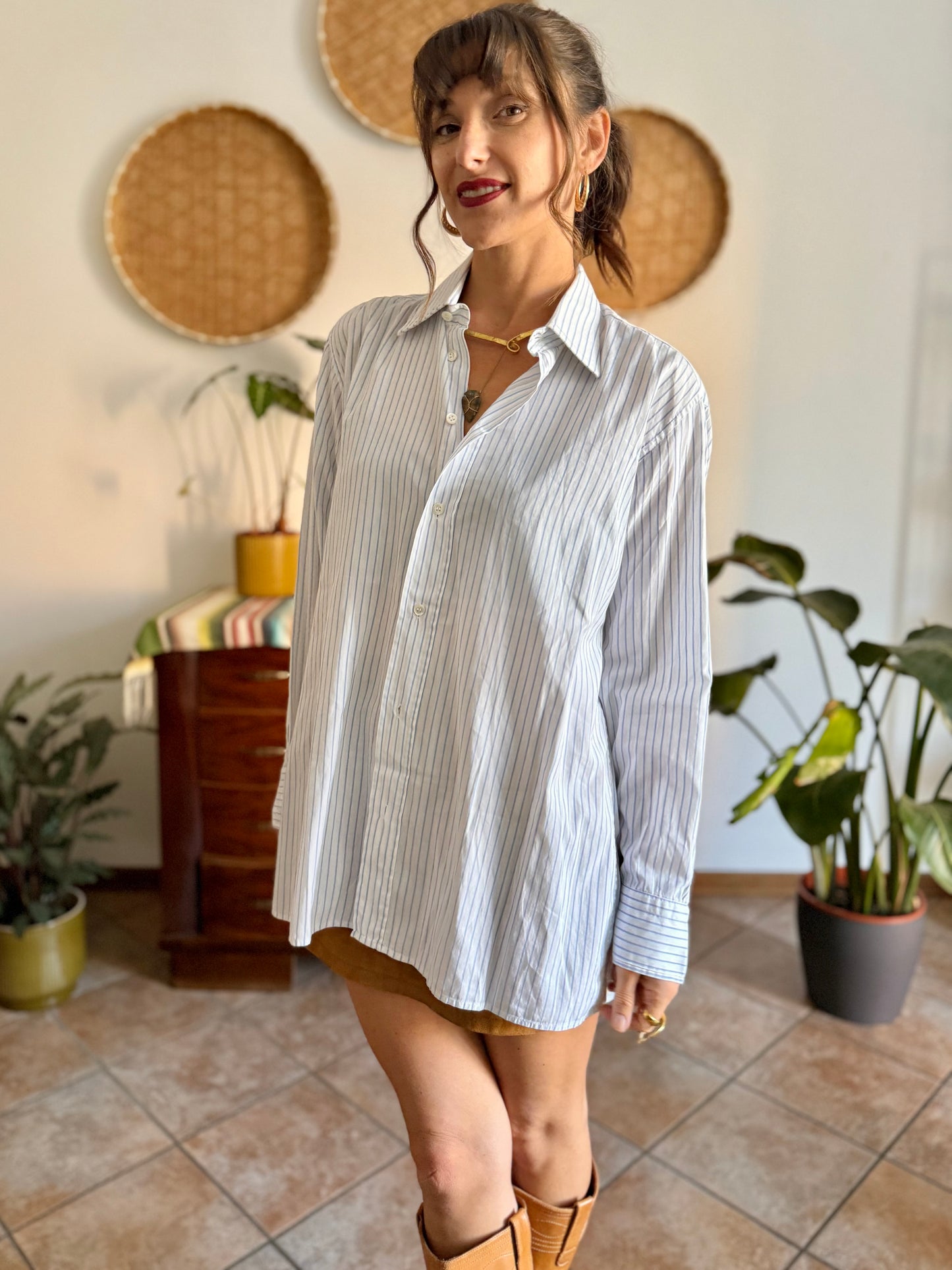 1970's vintage oversize white and light blue vertical strip shirt