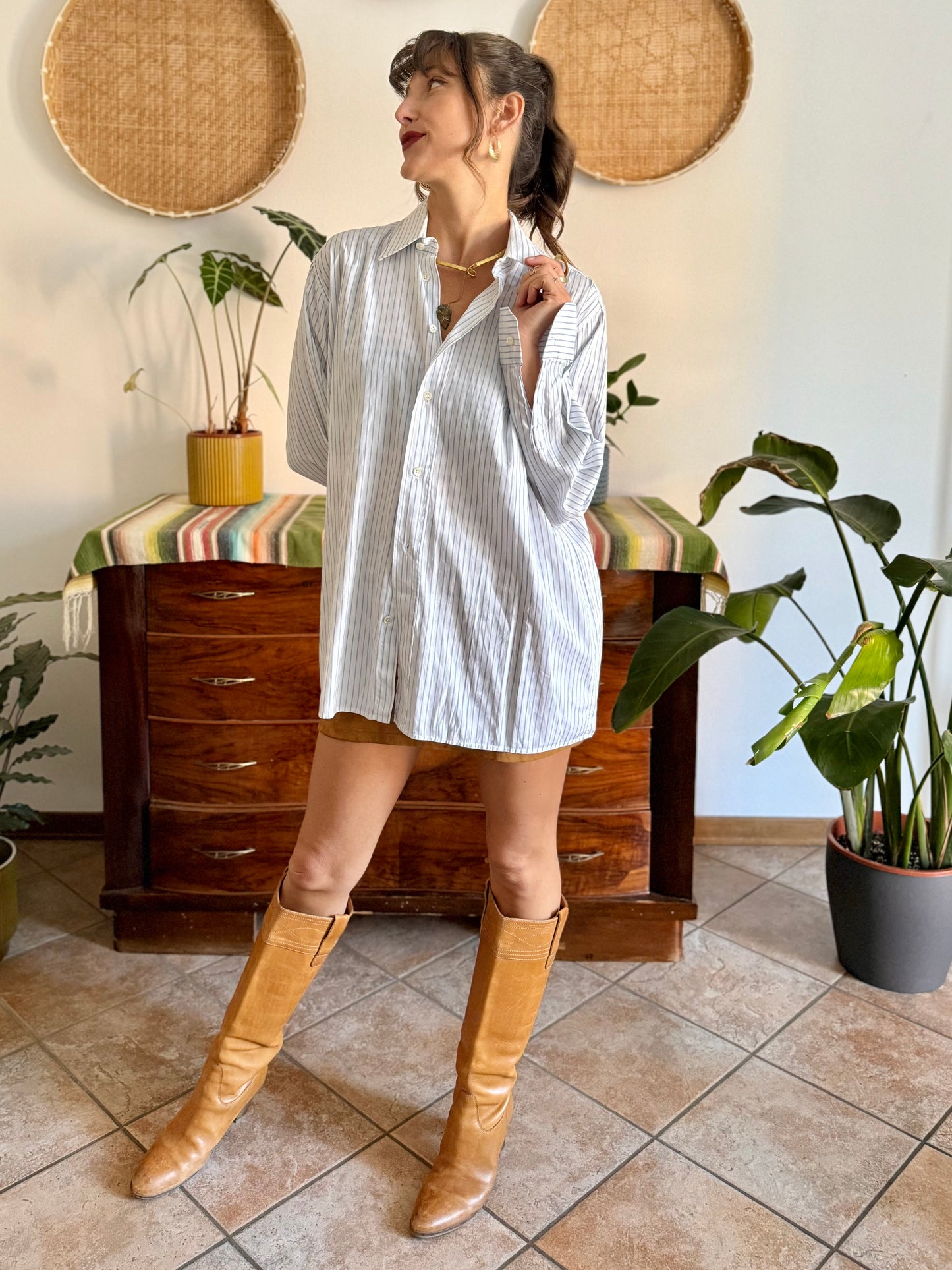1970's vintage oversize white and light blue vertical strip shirt