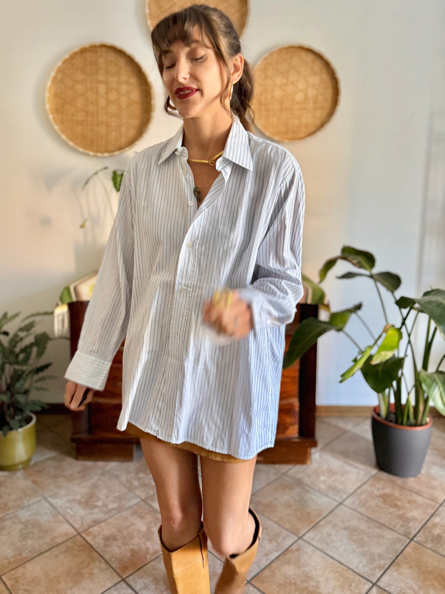 1970's vintage oversize white and light blue vertical strip shirt
