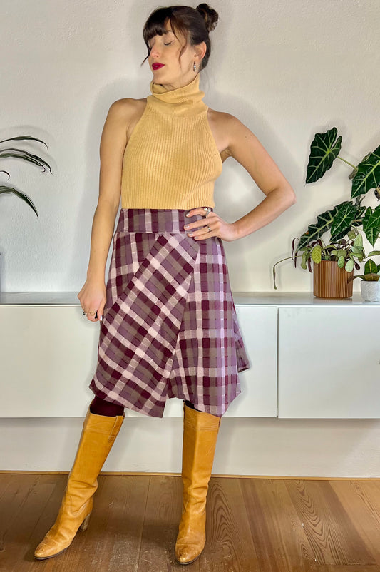 1990's vintage burgundy and grey asymmetrical plaid wool blend midi skirt