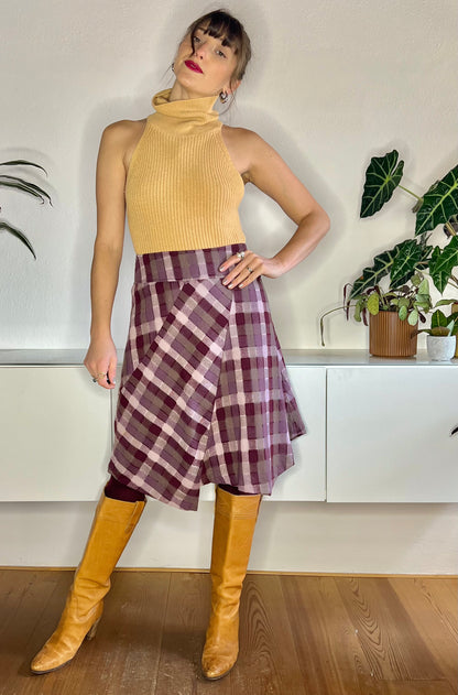 1990's vintage burgundy and grey asymmetrical plaid wool blend midi skirt