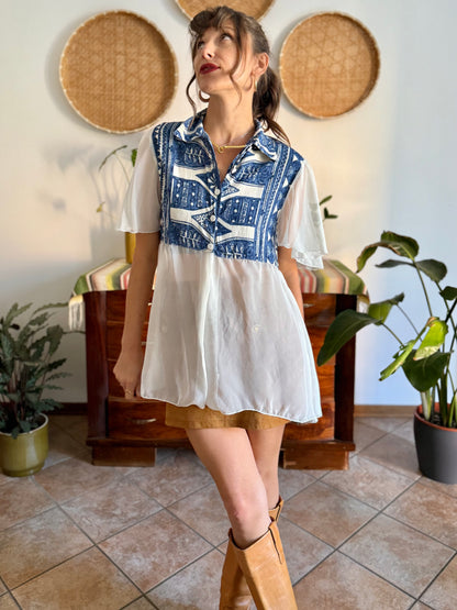 1990's vintage blue and cream geometric print blouse with sheer cream paneling and sleeves