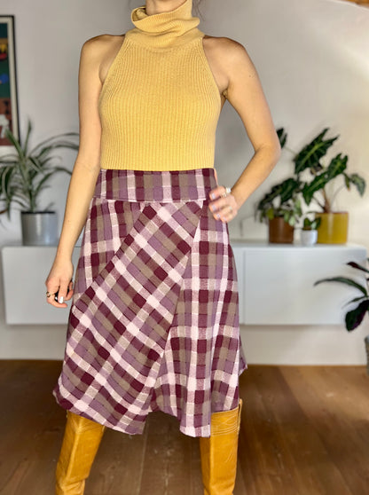 1990's vintage burgundy and grey asymmetrical plaid wool blend midi skirt