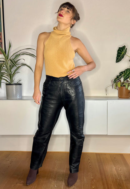 1970's vintage genuine black leather jean style high waisted pants