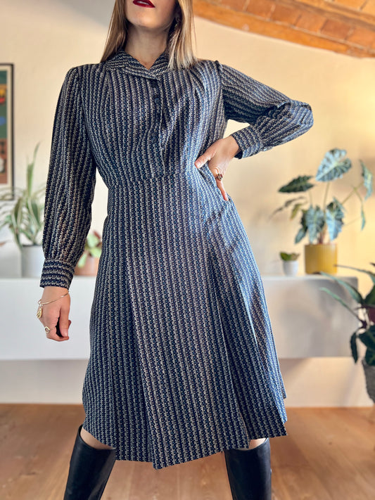 1960's vintage navy pleated midi dress with multicolor polkadots