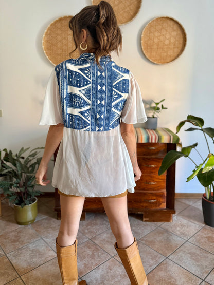 1990's vintage blue and cream geometric print blouse with sheer cream paneling and sleeves