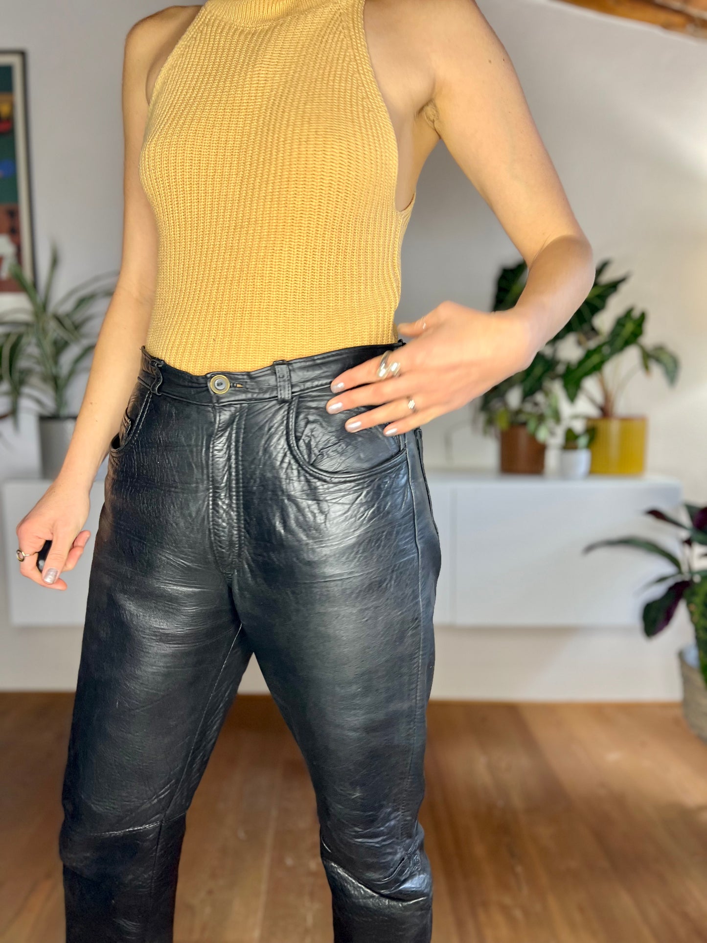 1970's vintage genuine black leather jean style high waisted pants