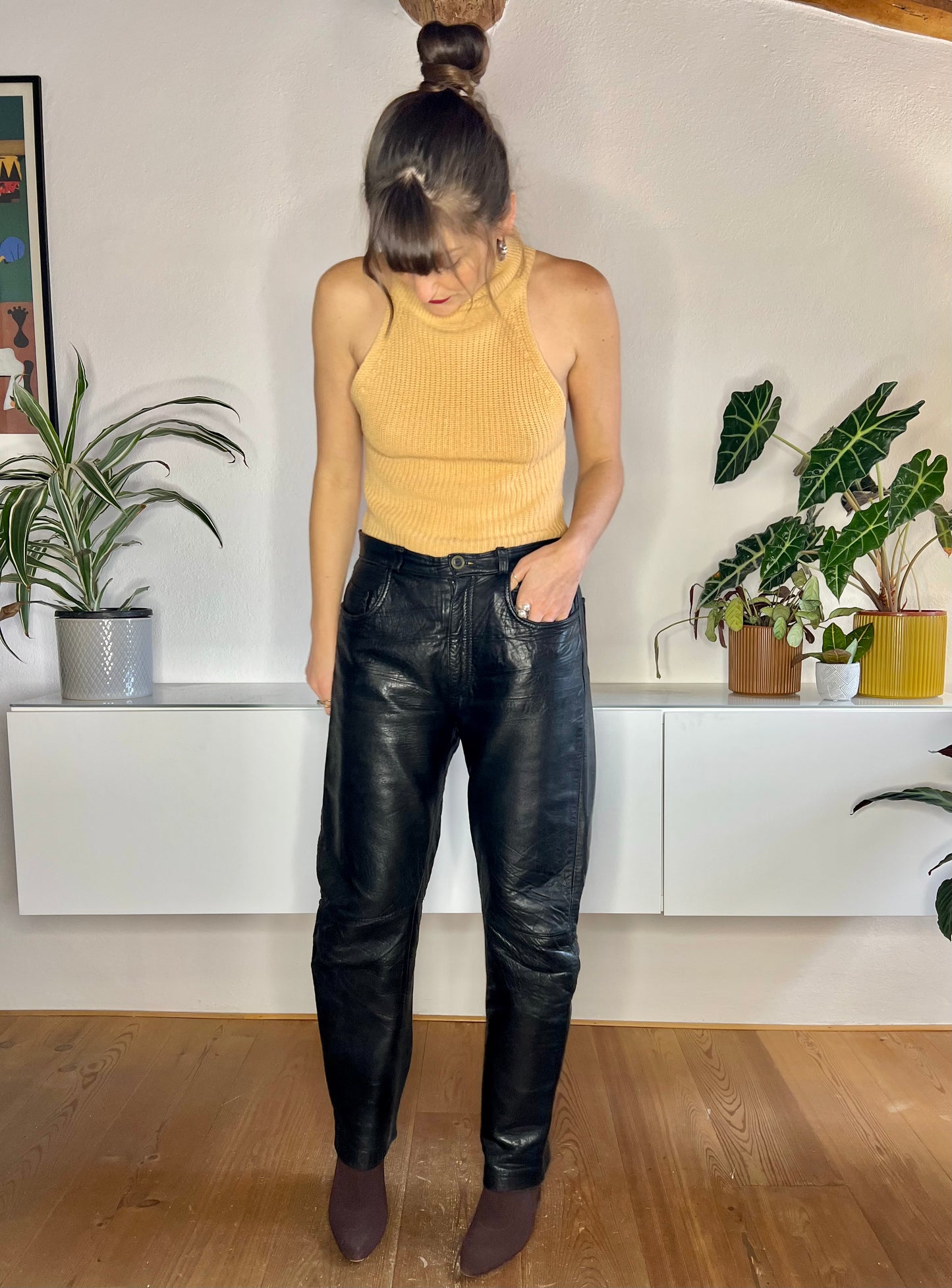 1970's vintage genuine black leather jean style high waisted pants