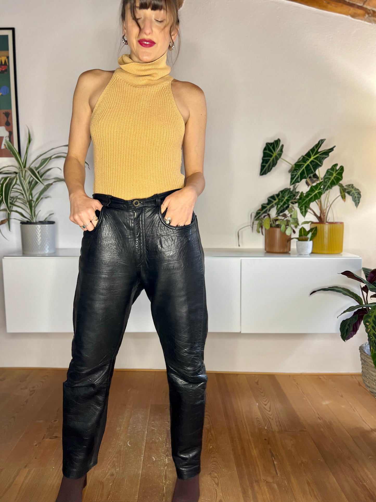 1970's vintage genuine black leather jean style high waisted pants