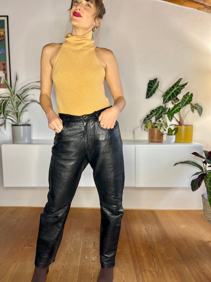 1970's vintage genuine black leather jean style high waisted pants