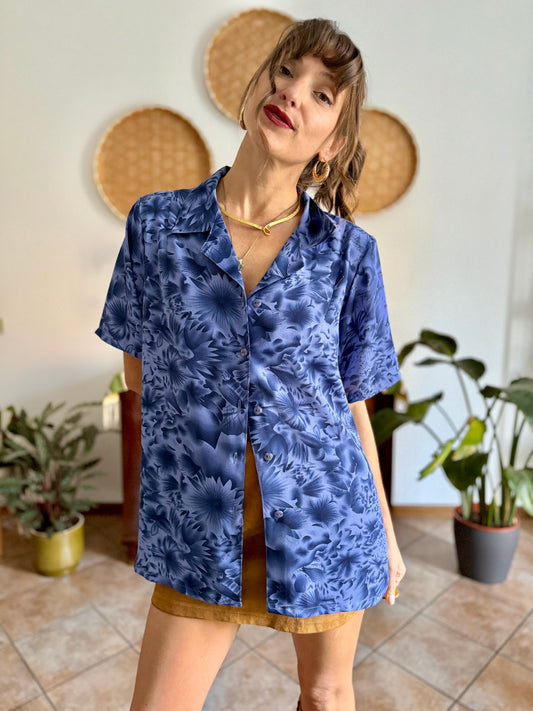 1970's vintage two tone blue floral print blouse