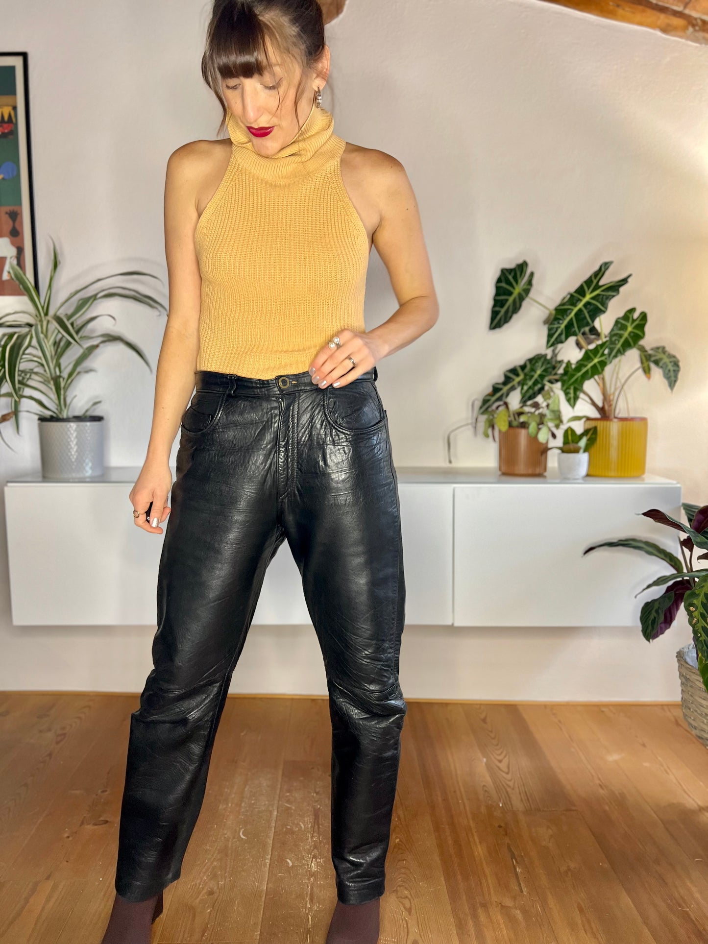 1970's vintage genuine black leather jean style high waisted pants