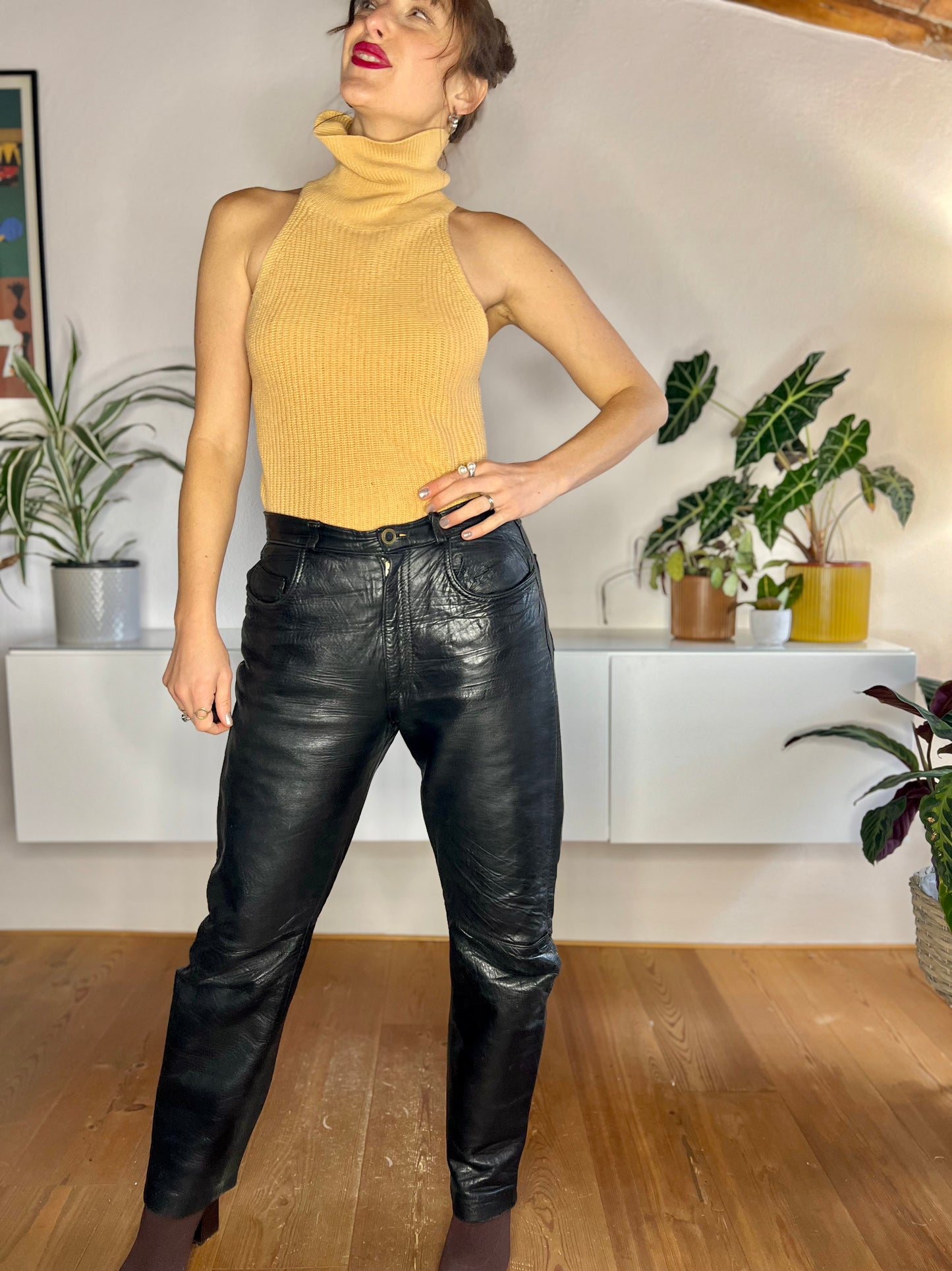 1970's vintage genuine black leather jean style high waisted pants