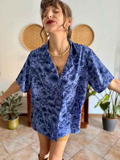 1970's vintage two tone blue floral print blouse