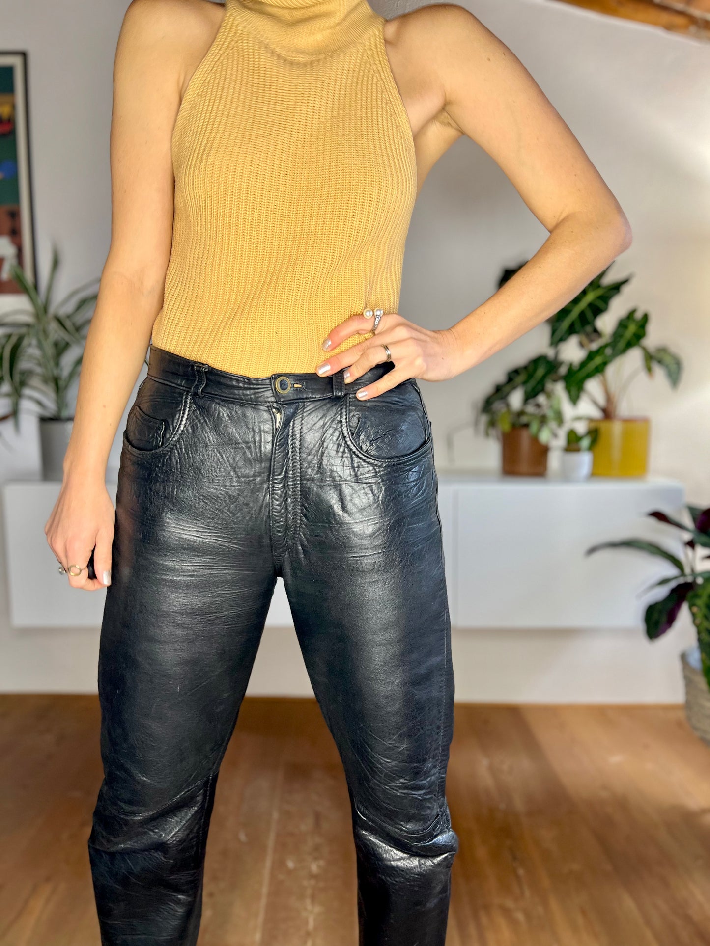 1970's vintage genuine black leather jean style high waisted pants