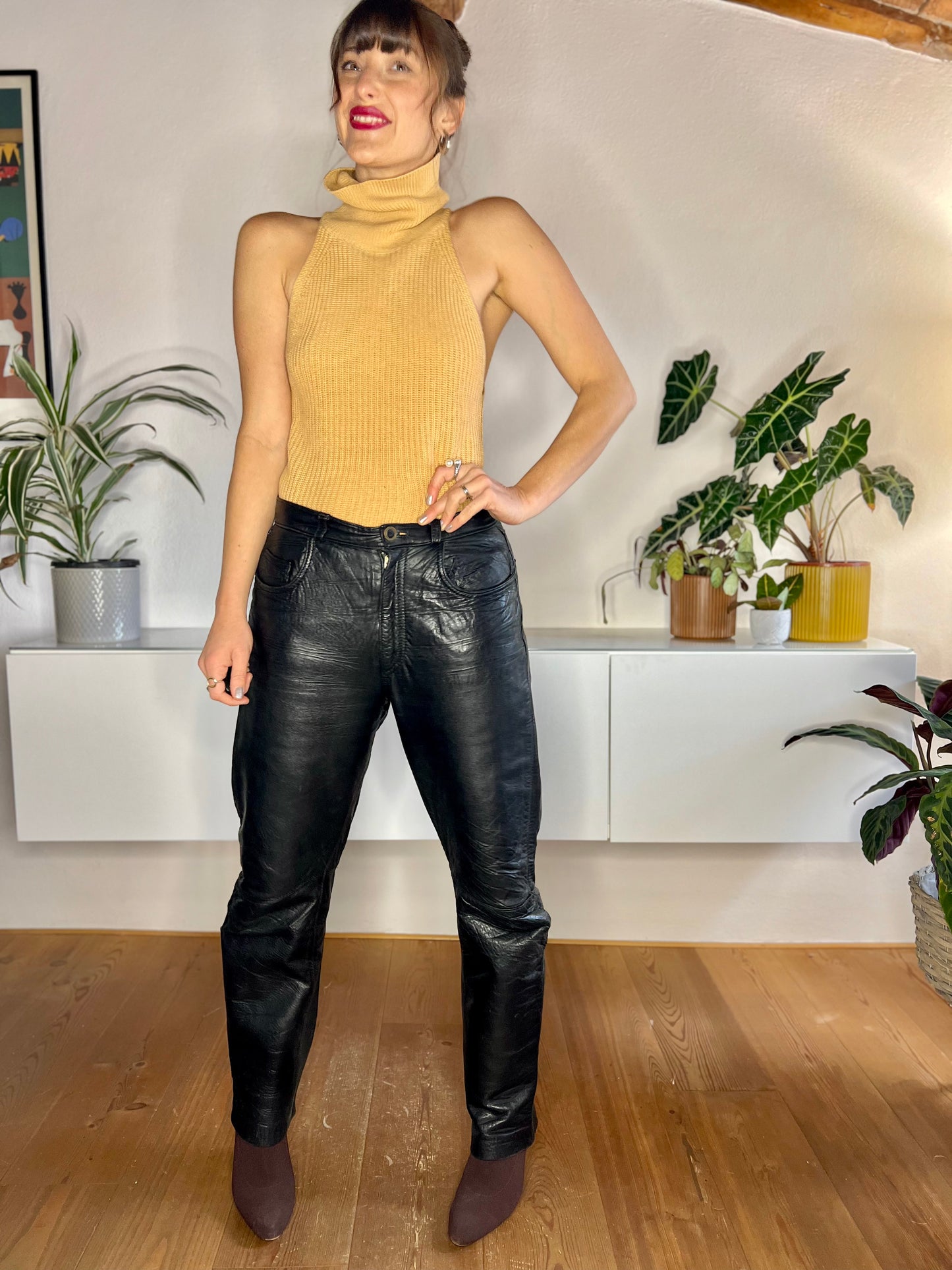 1970's vintage genuine black leather jean style high waisted pants