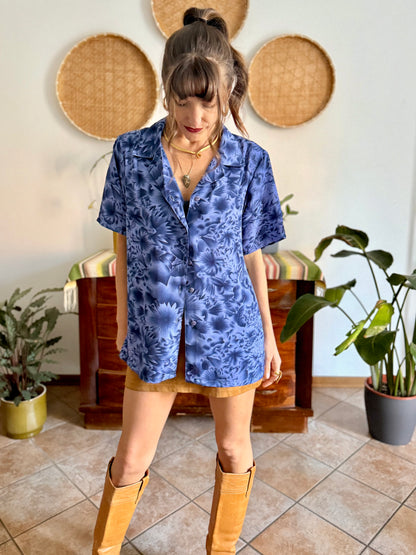 1970's vintage two tone blue floral print blouse