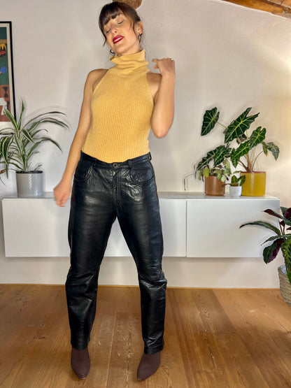 1970's vintage genuine black leather jean style high waisted pants